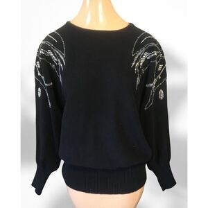 80s 90s Vintage Valerie Stevens Black Sweater with Silver Beads & Rhinestones